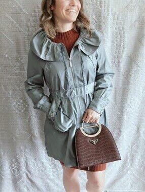 Vertigo Paris Sage Blue Dramatic Ruffle Collar Utility Trench Jacket | Size S